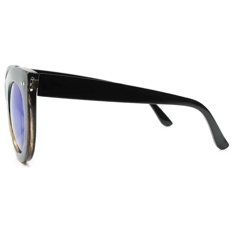 Womens Oversized Round Sunglasses Black Tortoise Blue Mirrored Lens